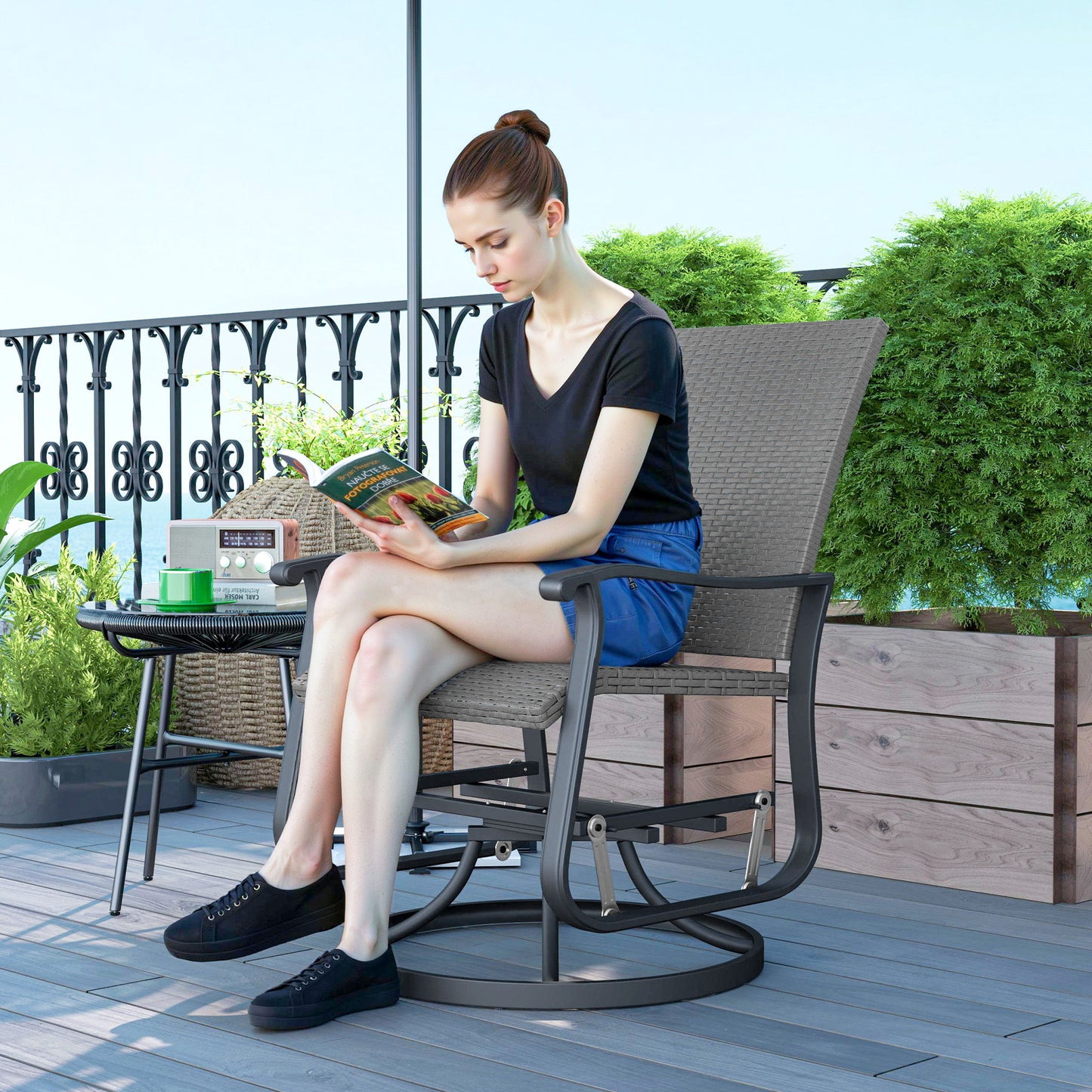Rattan Patio Glider, Wicker Outdoor Glider Swivel Chair with Steel Frame, High Back for Backyard Porch, Grey