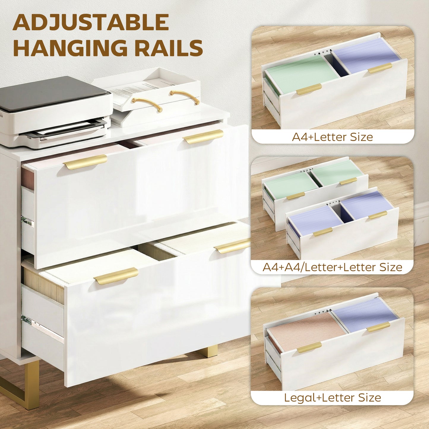 Lateral File Cabinet with 2 Drawers, Modern Filing Cabinet for Letter/A4/Legal Size Files, High Gloss White