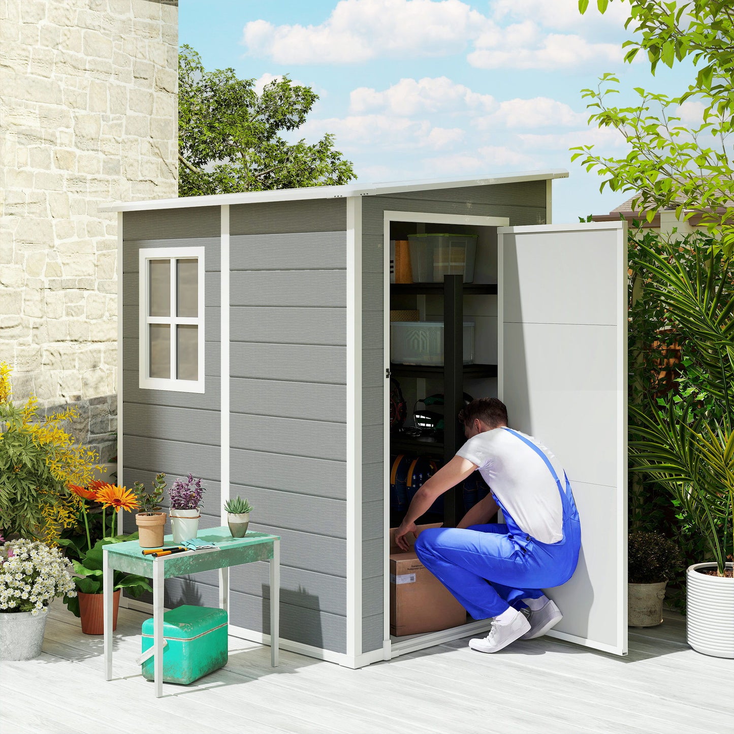 4x5 Lean to Garden Shed with Window Lockable for Garden Tool Storage Grey
