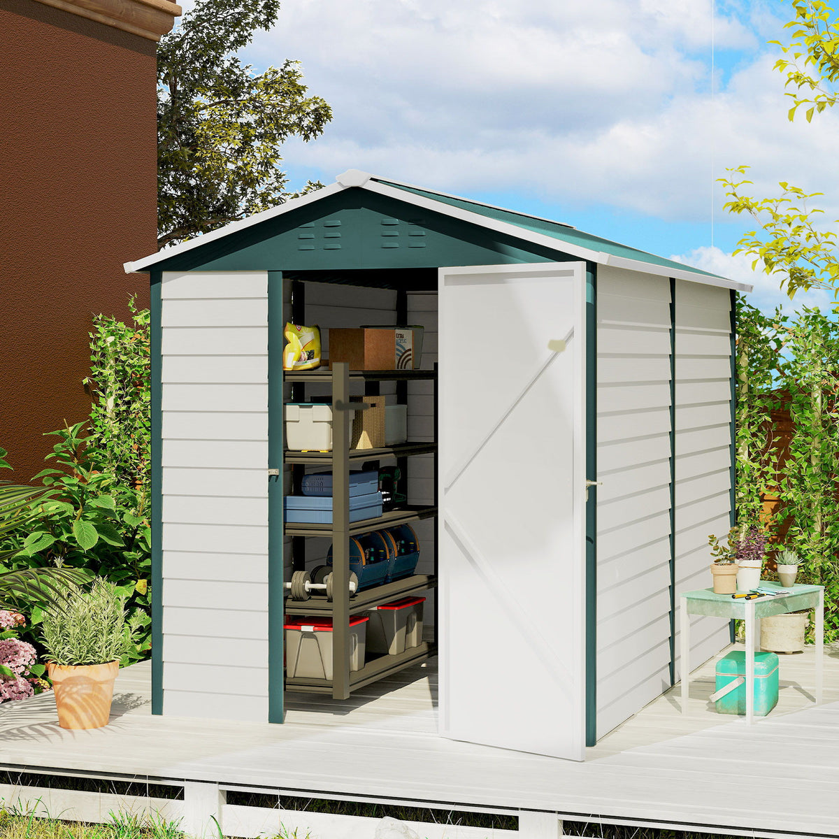 9' x 6' Garden Shed, Outdoor Storage Patio Shed w/ Sloped Roof, Lockable Door for Patio Lawn, Green