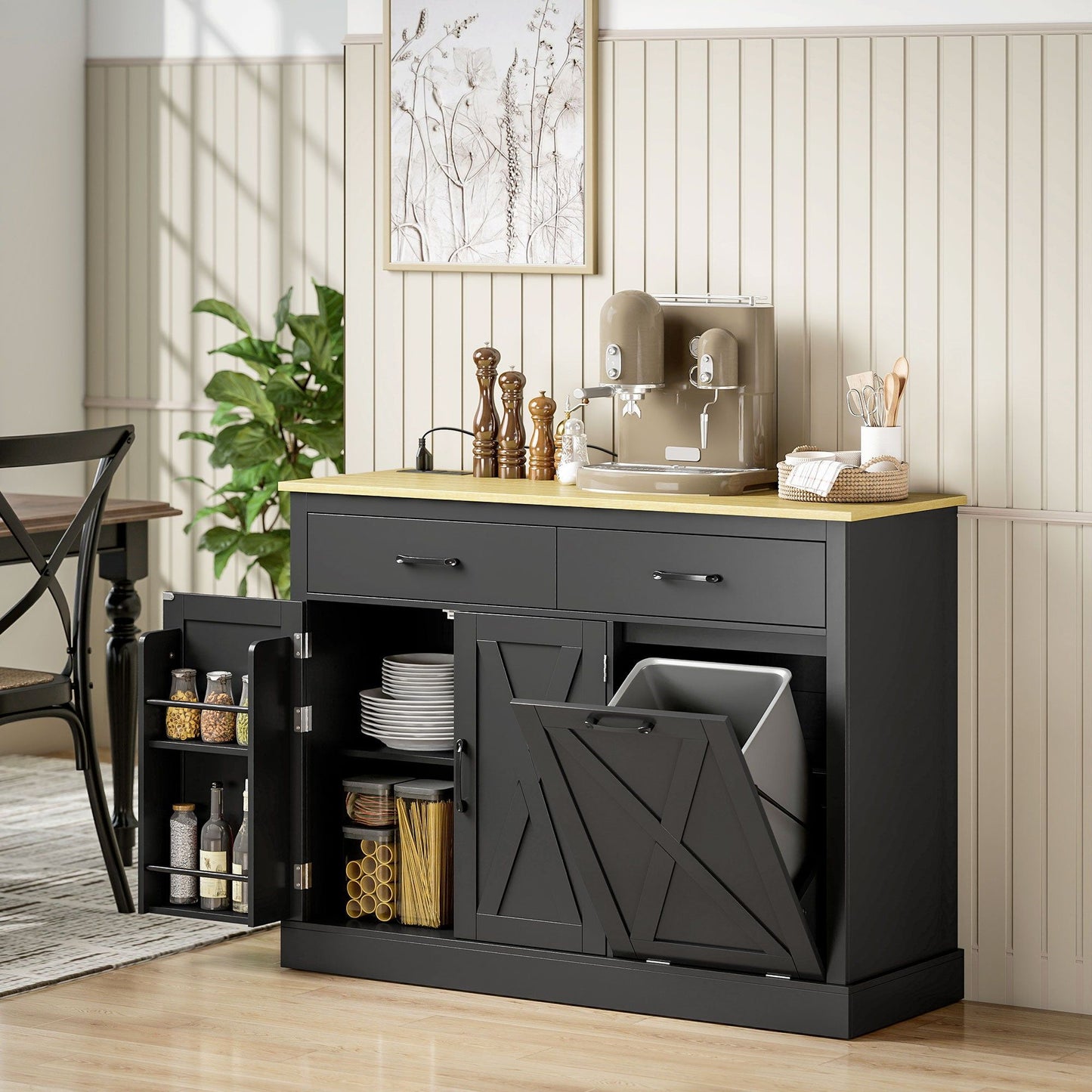 Tilt Out Garbage Cabinet Kitchen Island with Charging Station - Black