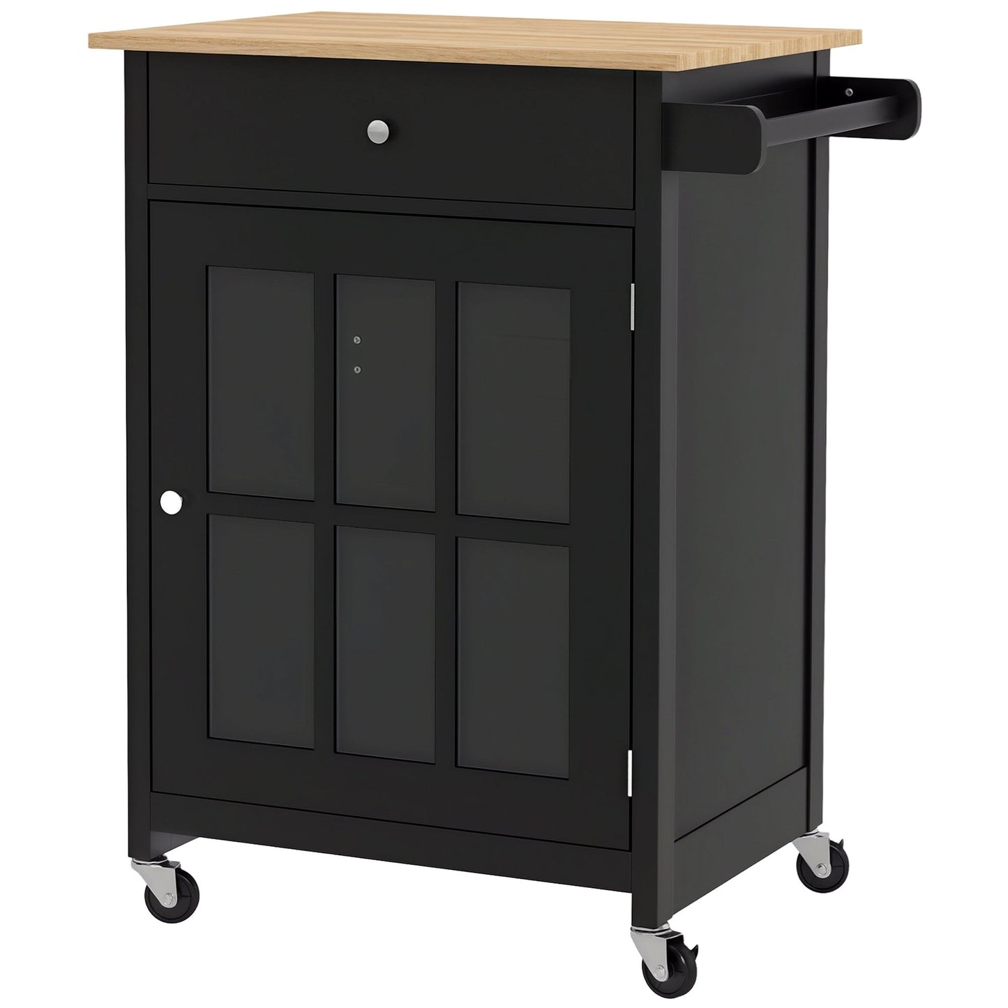 Rolling Kitchen Cart with Drawer and Glass Cabinet - Black