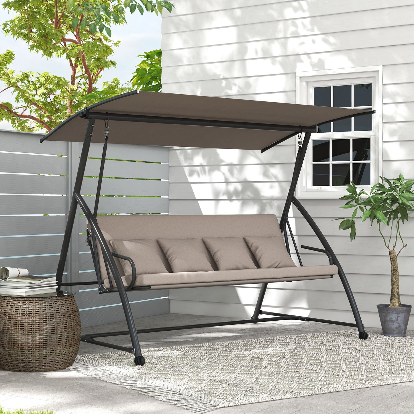 3 Seater Porch Swing Convertible Swing Chair Bed Cushioned Light Brown