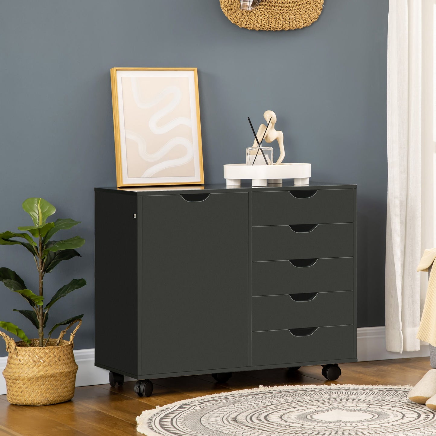 Lateral Filing Cabinet, 5-Drawers File Cabinet with Door and Adjustable Shelf, Mobile Office Storage Cabinet on Wheels, Printer Stand for Home Office, Black