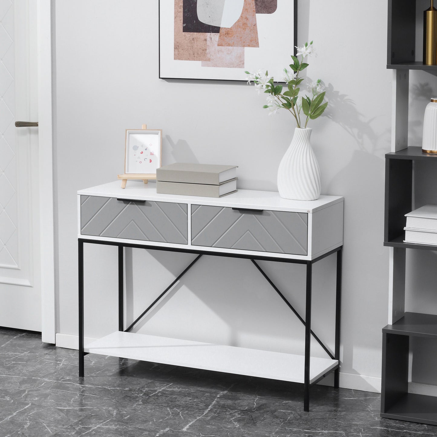 Modern Console Table with 2 Drawers, 2 Tier Entryway Table with storage Shelf, Narrow Sofa Table for Living Room, Hallway, White