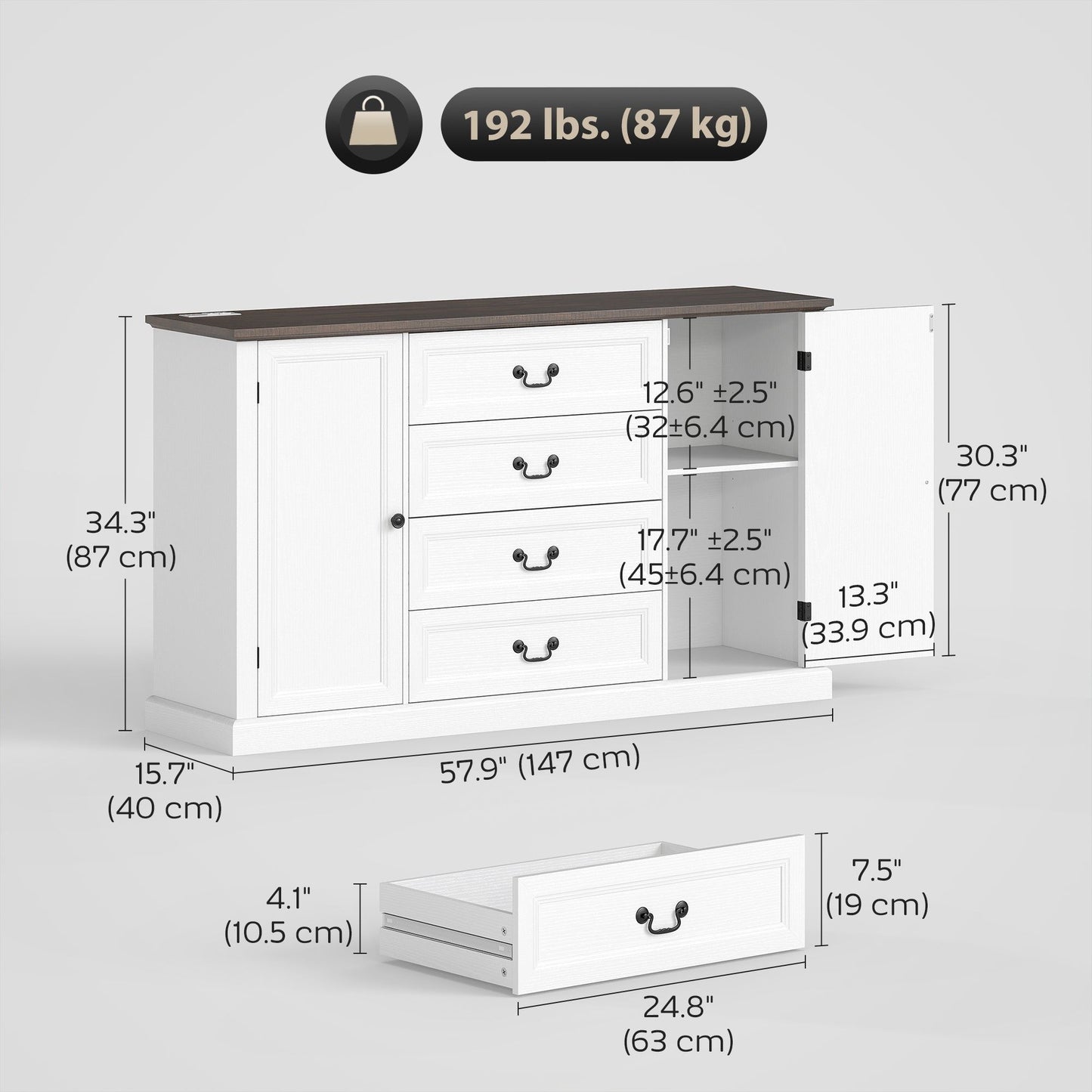 58" Farmhouse Sideboard with Charging Station and 4 Drawers - White