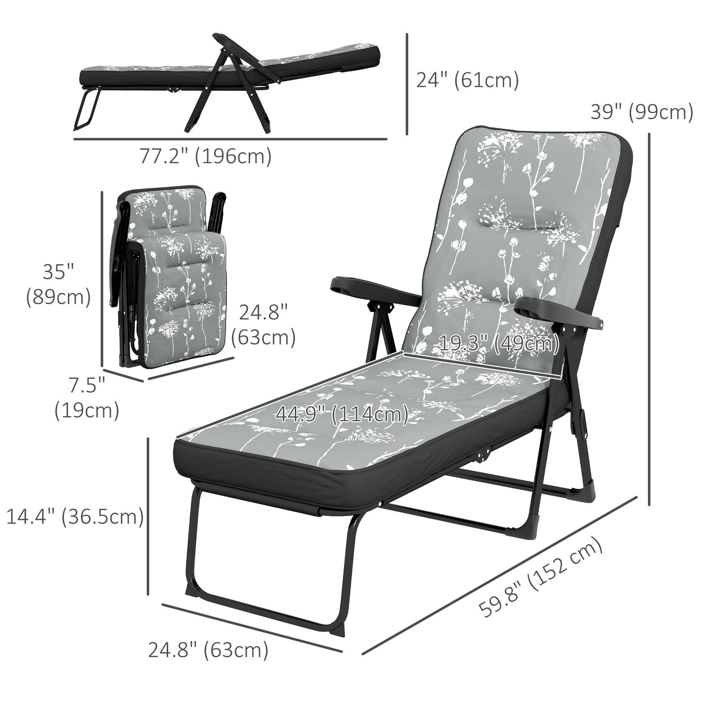 Outdoor Lounge Chair with Padded Cushion, Folding Reclining Patio Garden Chair with Recline Back, Footrest, for Poolside, Patio, Grey