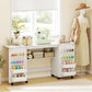 Folding Craft Table, Rolling Sewing Machine Table with Magnetic Doors, Bins, Pegs, Storage Shelf, Lockable Wheels, White