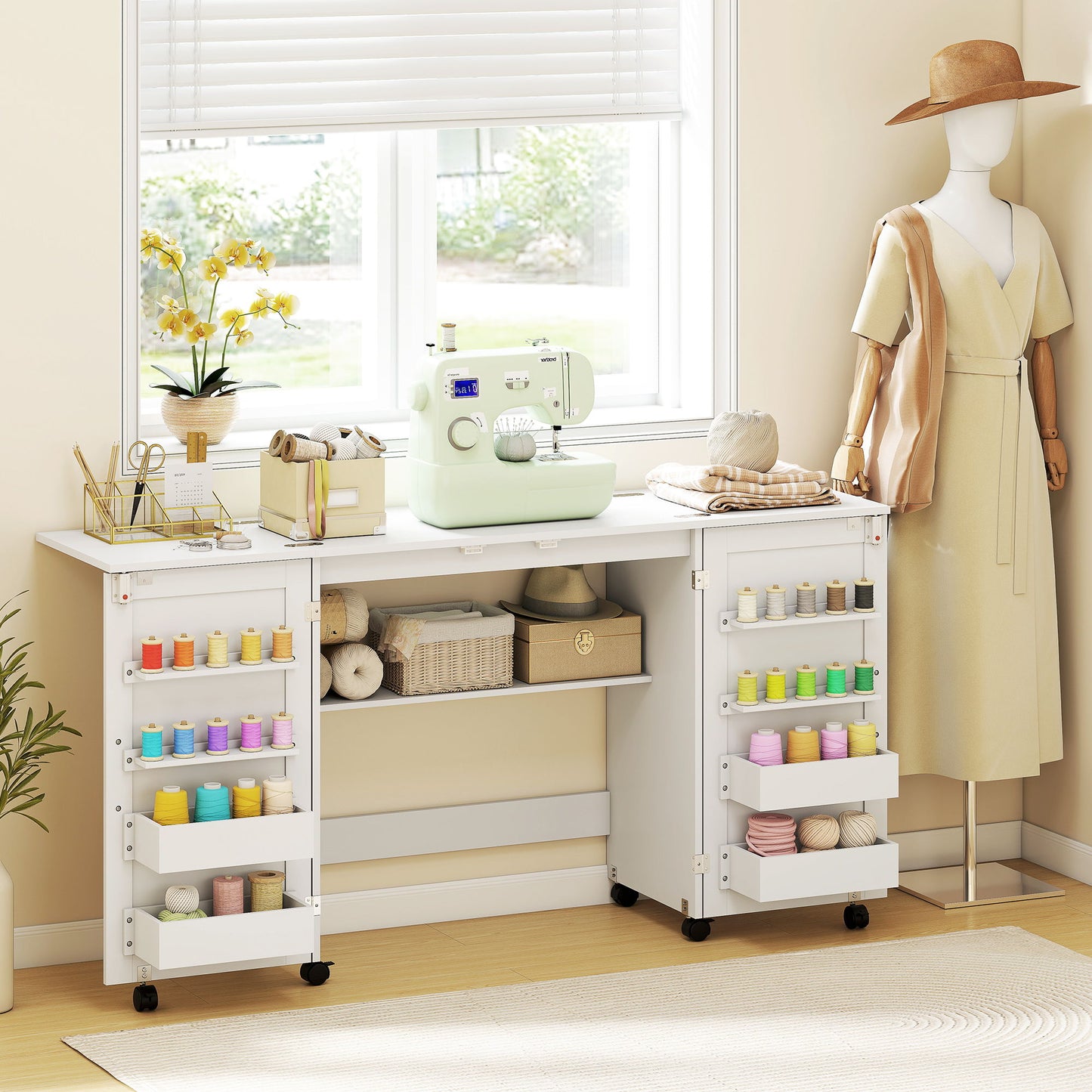 Folding Craft Table, Rolling Sewing Machine Table with Magnetic Doors, Bins, Pegs, Storage Shelf, Lockable Wheels, White