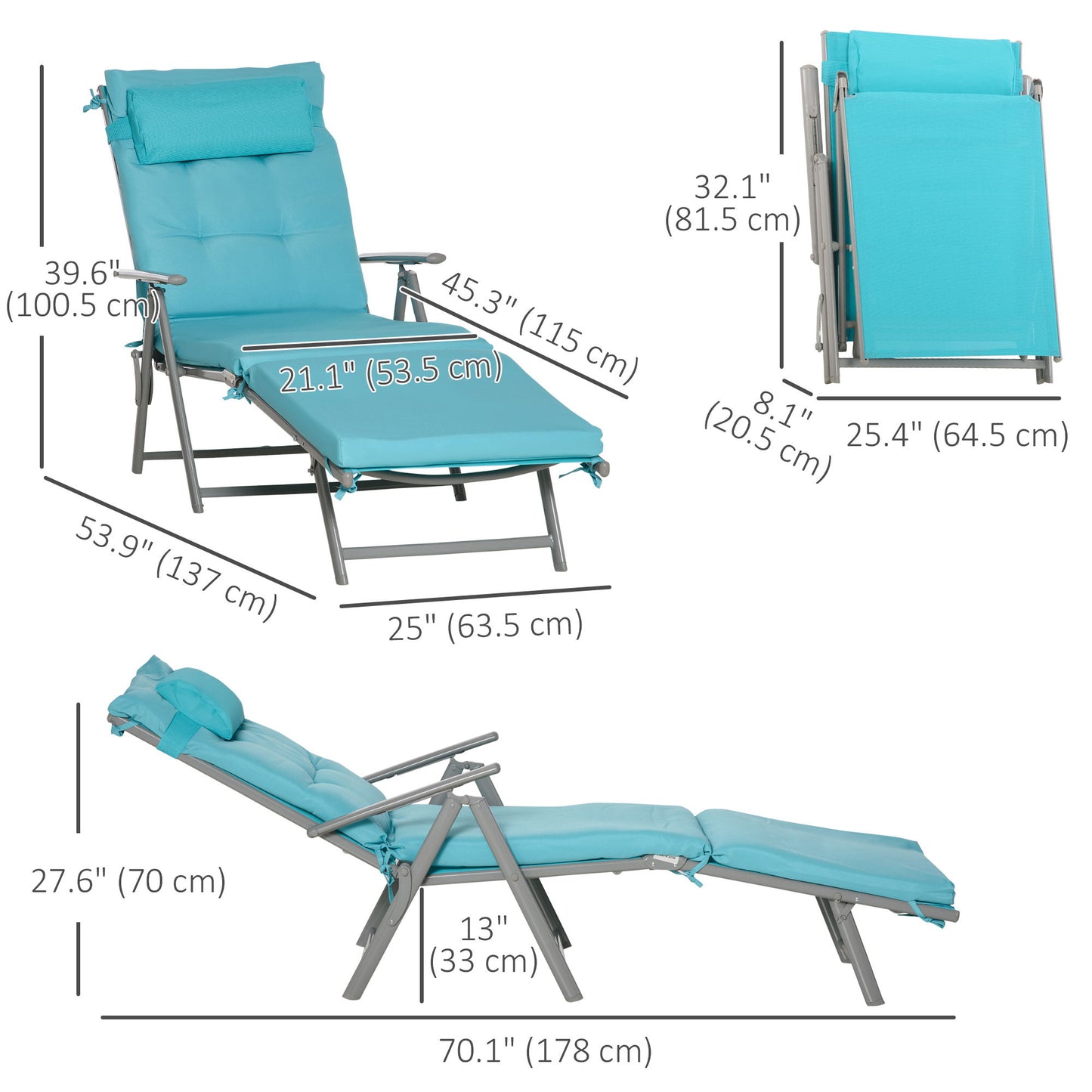 Lounge Chair Outdoor, Folding Patio Chaise Lounger, 360 lbs 7-Position Adjustable Back Outdoor Recliner with Cushion, Headrest for Garden, Backyard, Poolside, Blue