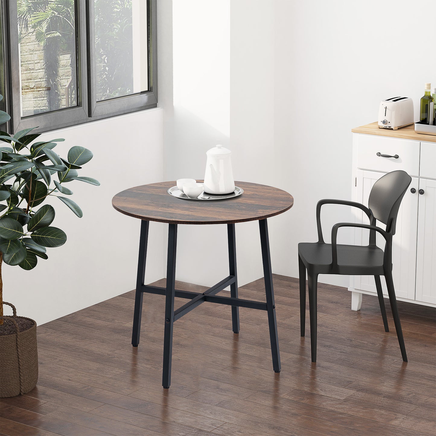 31.5" Round Dining Table, Industrial Style Kitchen Table with Steel Legs, Rustic Brown