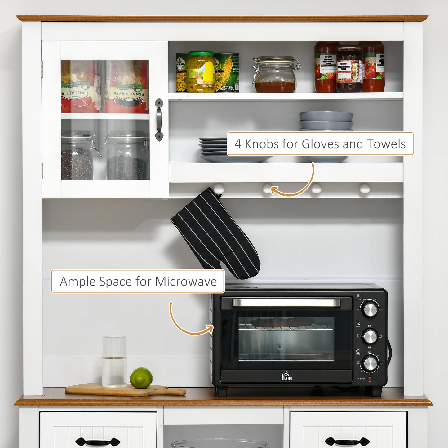 71" Kitchen Buffet with Hutch, Farmhouse Style Storage Cupboard with Utility Drawer, 3 Door Cabinets and 5-tier Shelves, White