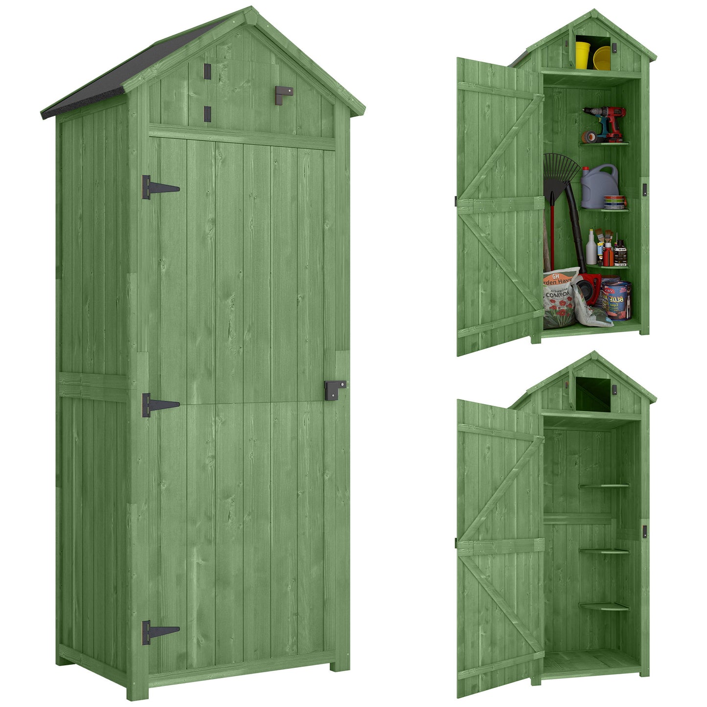 30" x 21" x 71" Garden Storage Shed, Outdoor Tool Utility Storage House with 3 Tier Shelves and Roof, Green