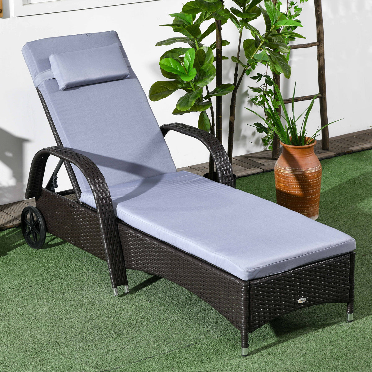 Outdoor Lounger, Deck Lounge Chair with Headrest, 5-Level Adjustable, Backrest, Wheels, Deep Coffee and Silver Grey