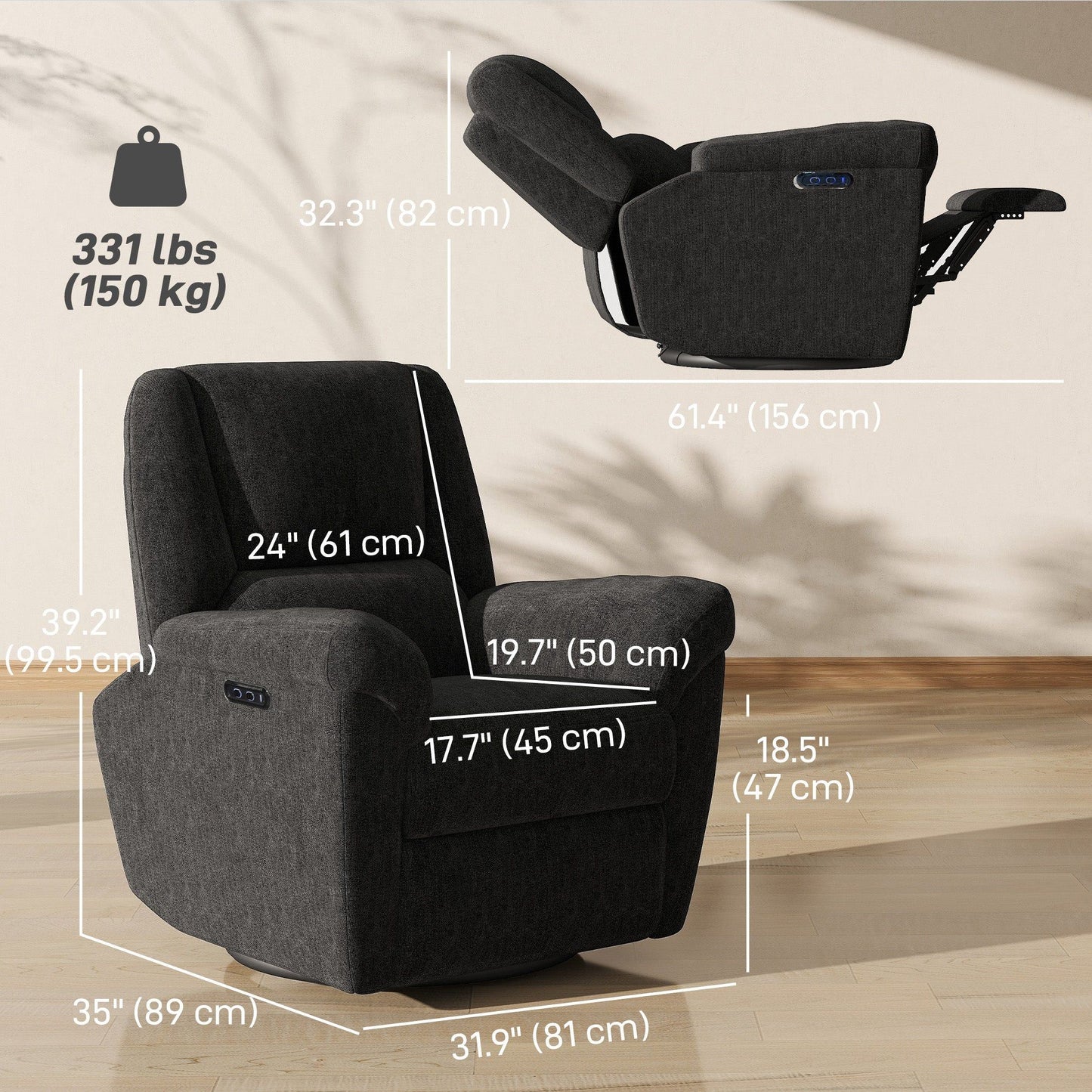 Swivel Power Recliner Chair with USB and Rocking - Black