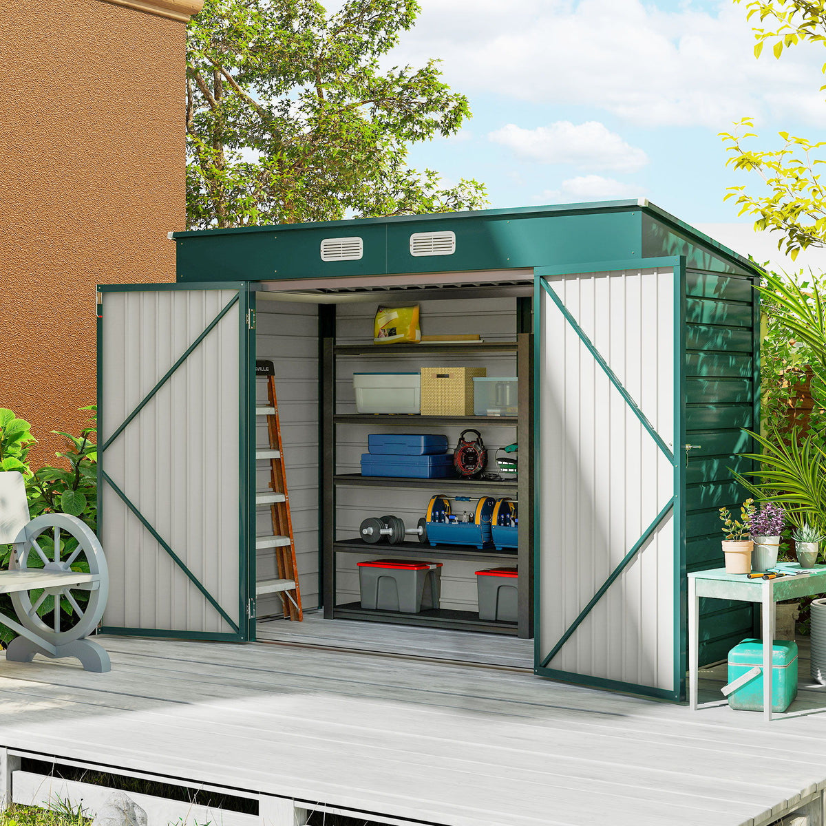 8 x 4FT Galvanized Garden Storage Shed, Metal Outdoor Shed with Double Doors and 2 Vents, Green
