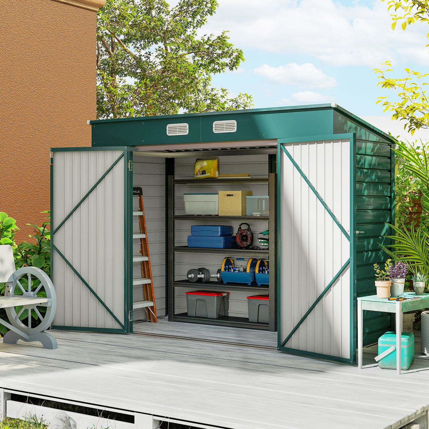 8 x 4FT Galvanized Garden Storage Shed, Metal Outdoor Shed with Double Doors and 2 Vents, Green
