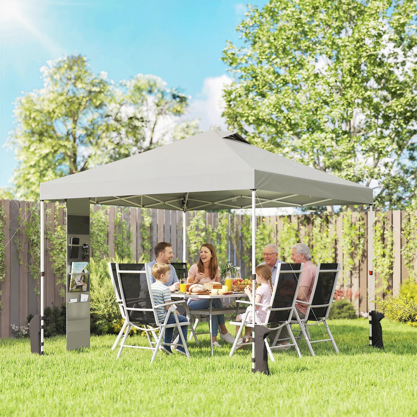 9.6 x 9.6 ft Pop Up Canopy Tent with Pockets, UPF 50+ 1-Button Push Outdoor Instant Canopy with Sandbags, Wheeled Bag