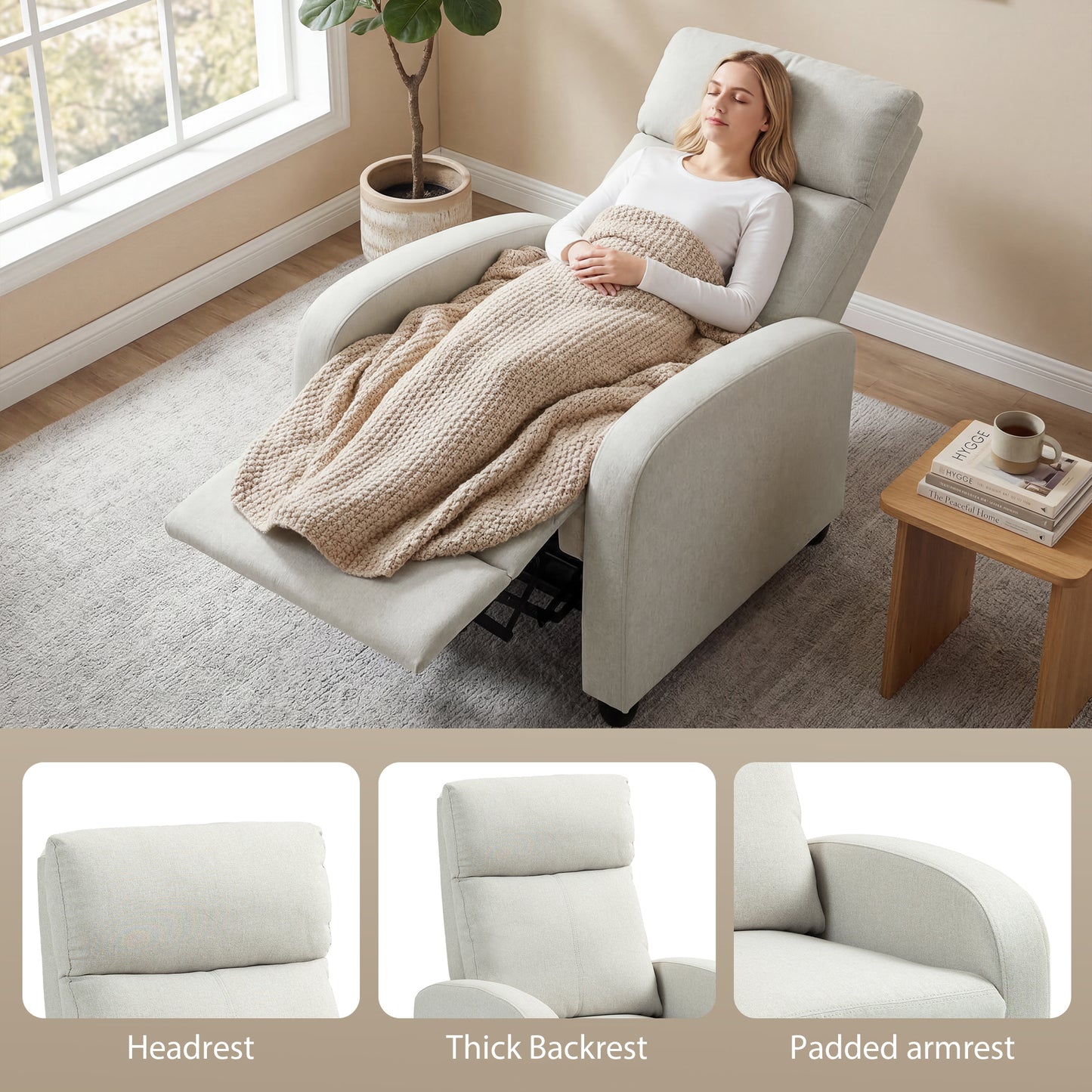 Fabric Recliner Chair Manual Home Theater Seating Single Reclining Sofa Chair with Padded Seat, Cream White