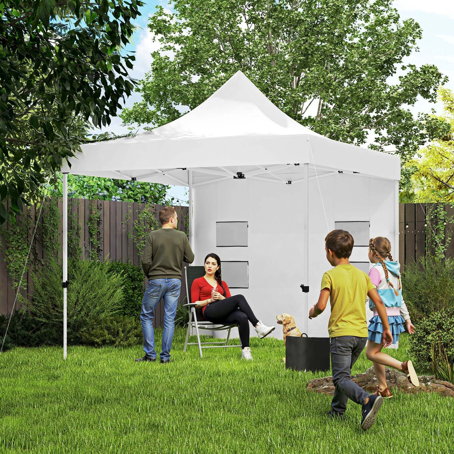 10' x 10' Heavy Duty Pop Up Canopy Tent w/ Sidewall, UPF50+ Instant Sun Shelter w/ Storage Pockets, Wheeled Bag, White