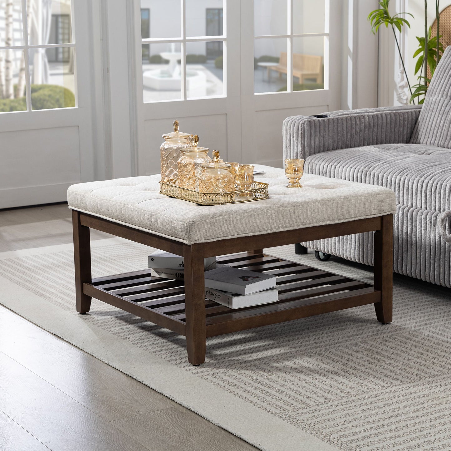 Ottoman Coffee Table, 32 Inch Square Footrest Ottoman with Storage, Linen Upholstered Tufted Footstool, Beige