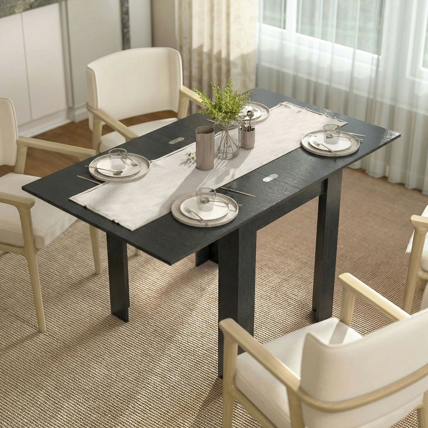 55" Extendable Dining Table for 4-6 Person, Kitchen Table with PU Handle and Felt Pads for Small Spaces, Black