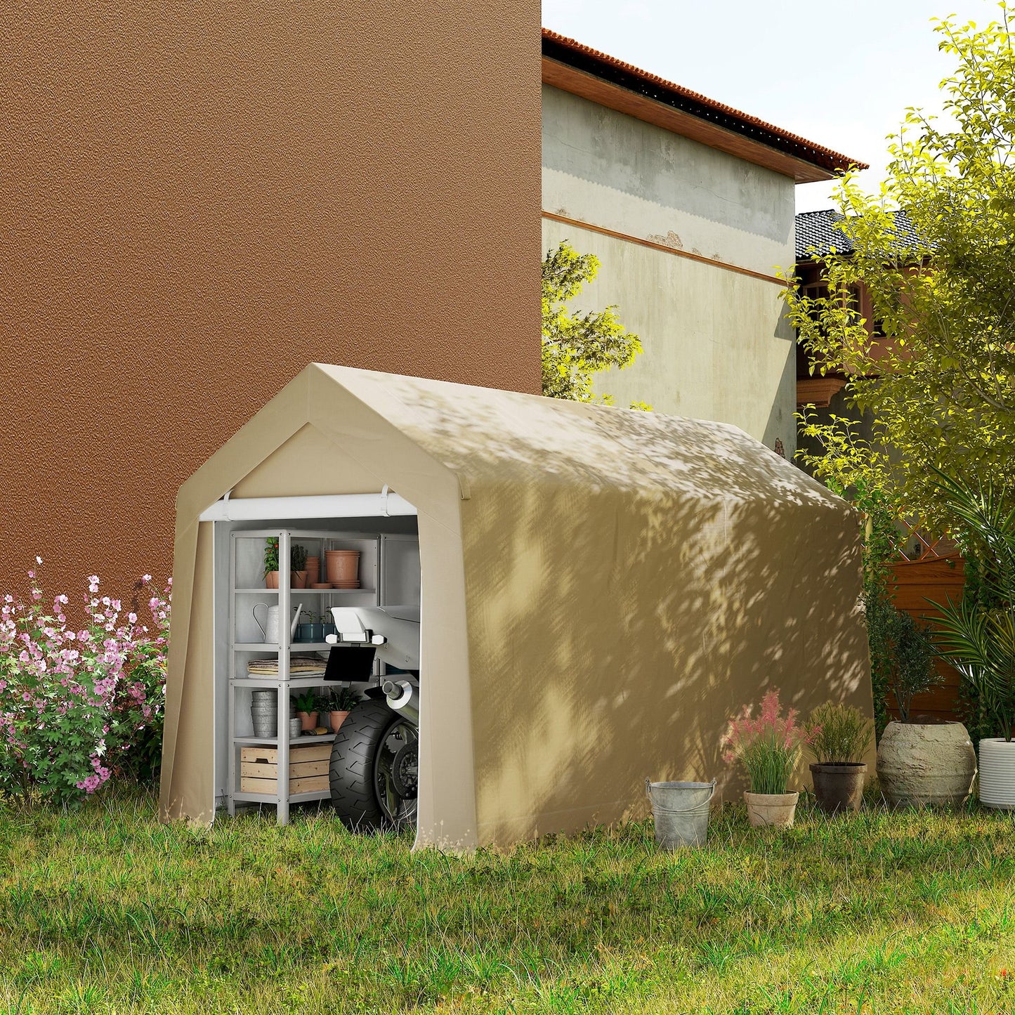7' x 12' Outdoor Storage Shed Portable Garage with Roll-up Door for Motorcycle, Bike, Garden Tools, Beige