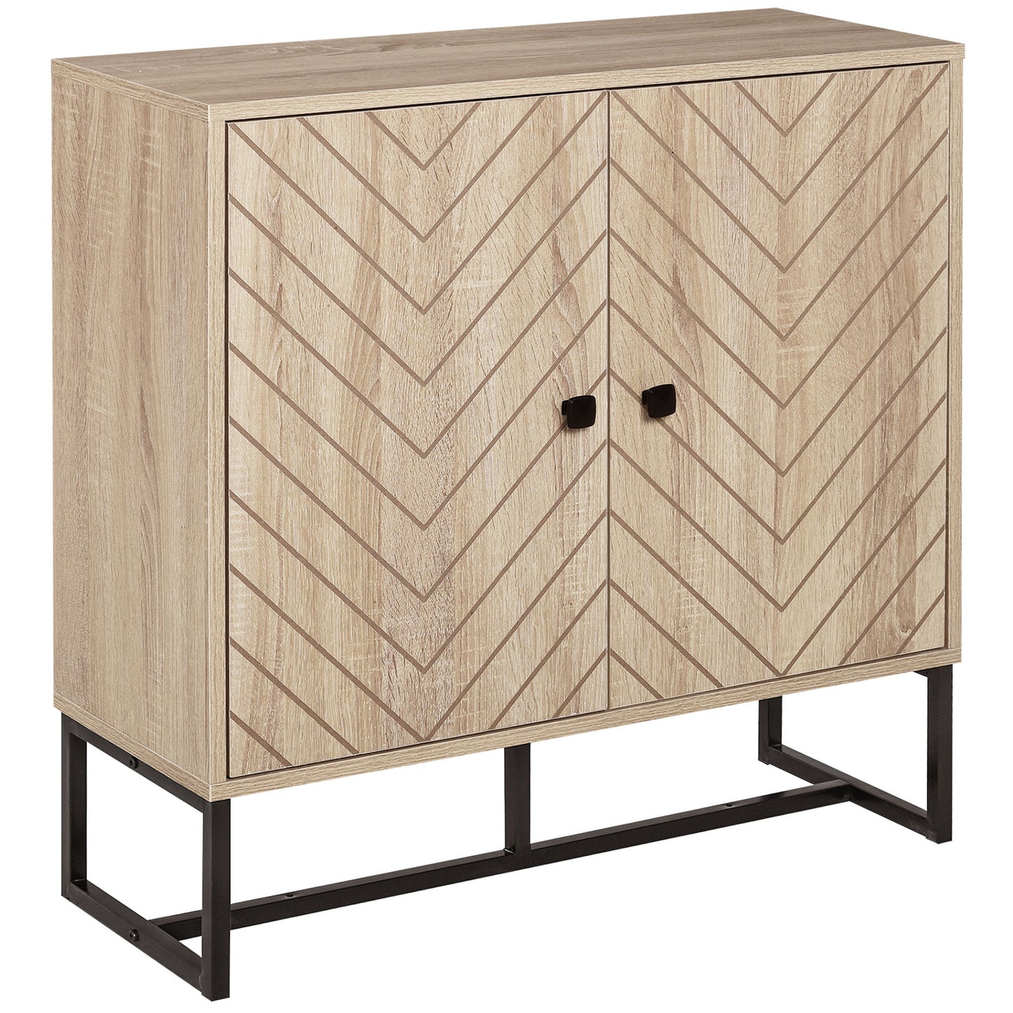 Modern Sideboard, Buffet Cabinet with 2 Chevron Doors and Adjustable Shelf, Kitchen Storage Cabinet with Steel Base, Coffee Bar Cabinet, 31.5" H, Oak
