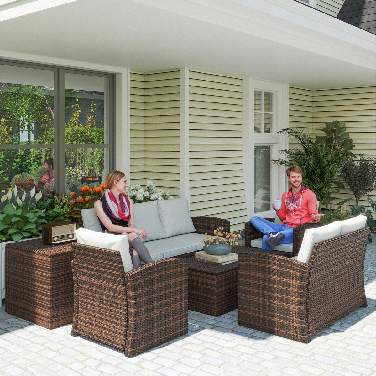6 Pieces Wicker Patio Furniture Set with Cushions, 7-Seater Rattan Patio Sofa Set with Storage Coffee Table & Side Table, Sectional Outdoor Furniture Set, Cream White