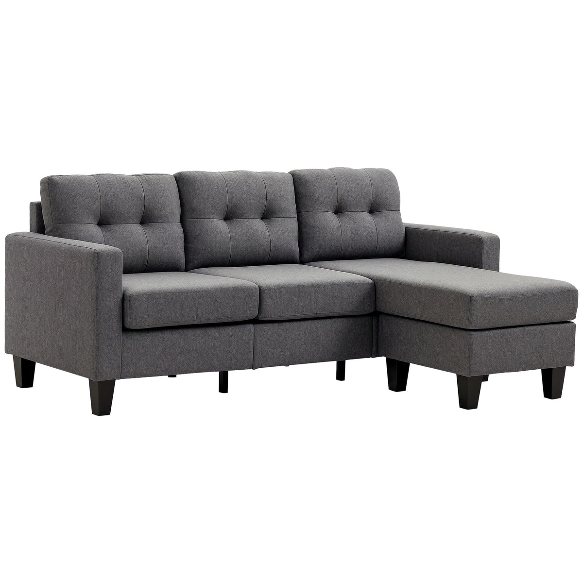 L-shaped Sofa, 3 Seater Couch with Ottoman, Corner Sofa with Thick Padded Cushion and Wood Legs, Dark Grey