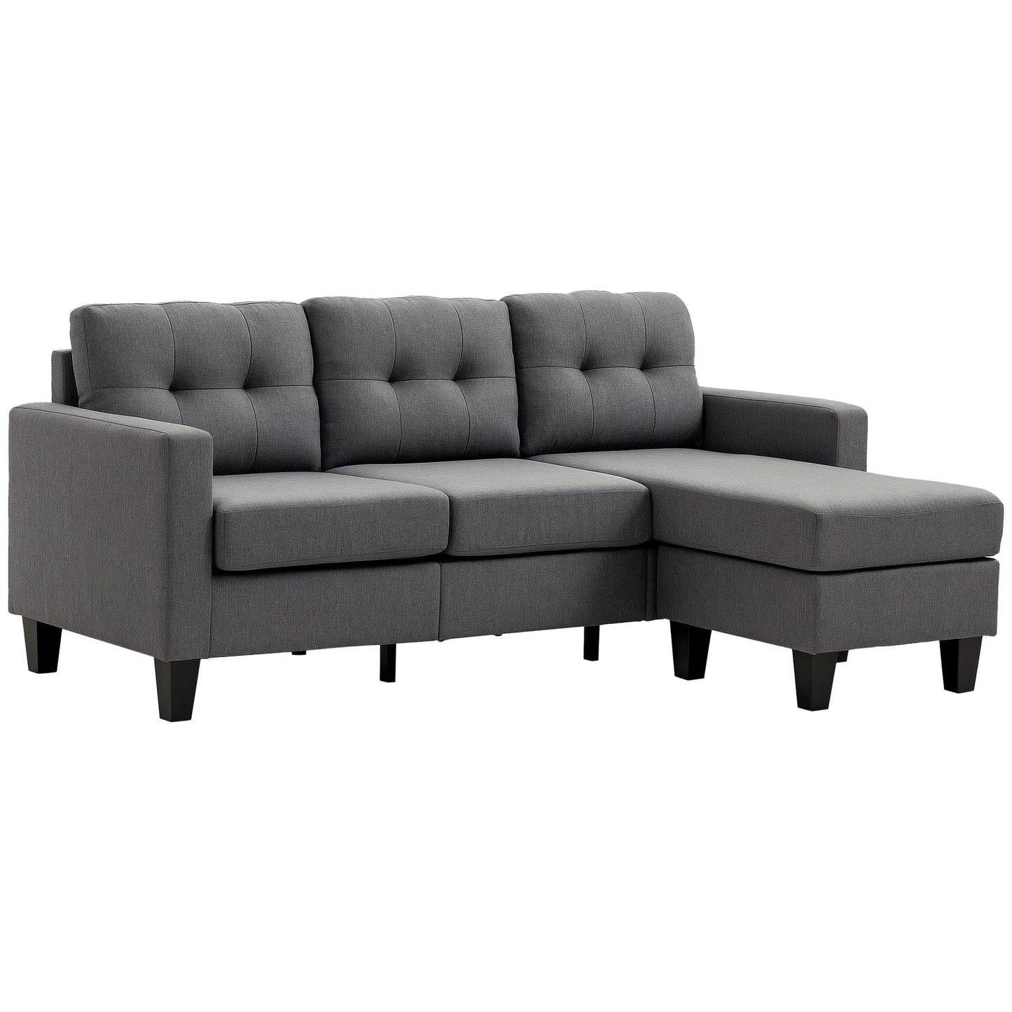 L-shaped Sofa, 3 Seater Couch with Ottoman, Corner Sofa with Thick Padded Cushion and Wood Legs, Dark Grey