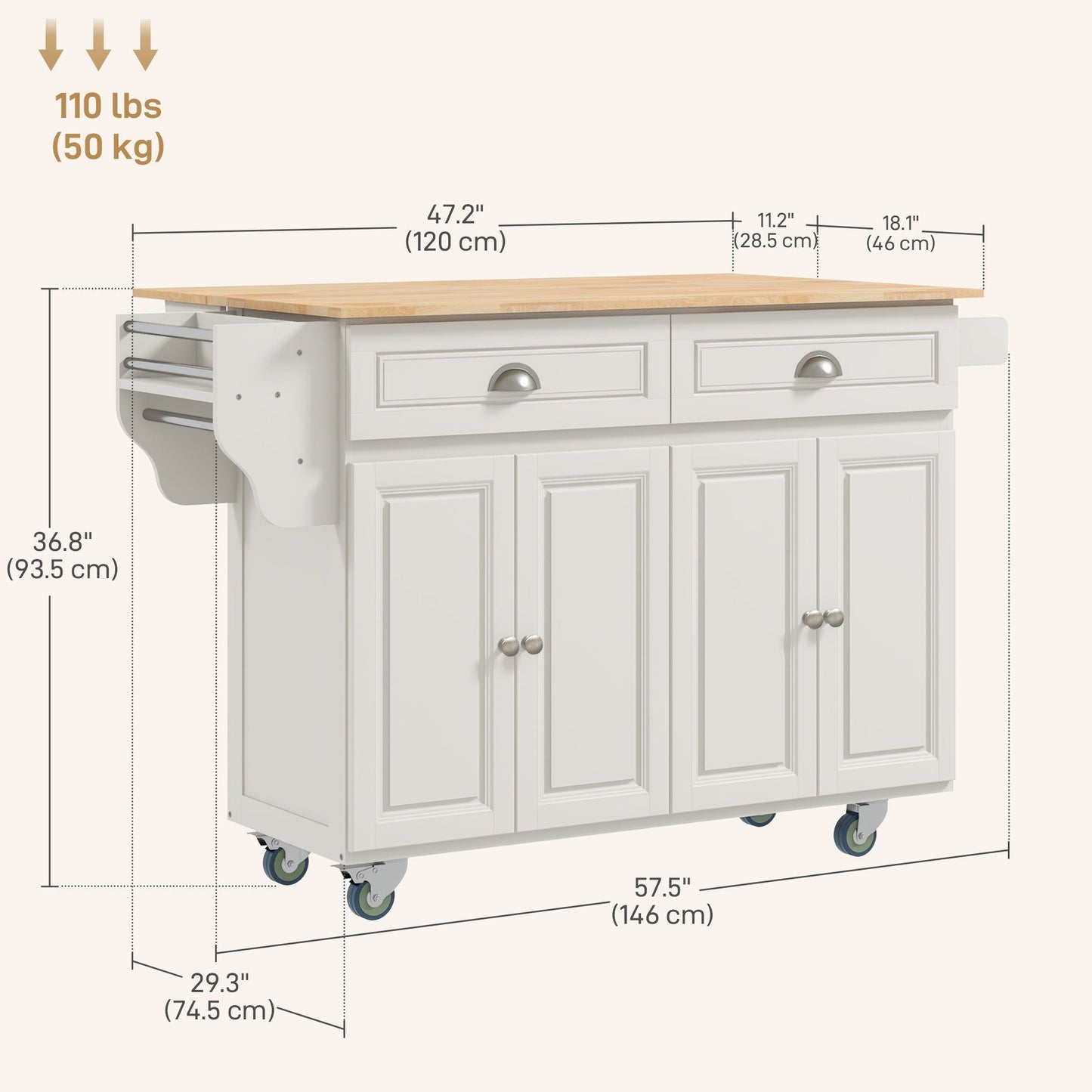 Rolling Kitchen Island with Drop Leaf - Cream White