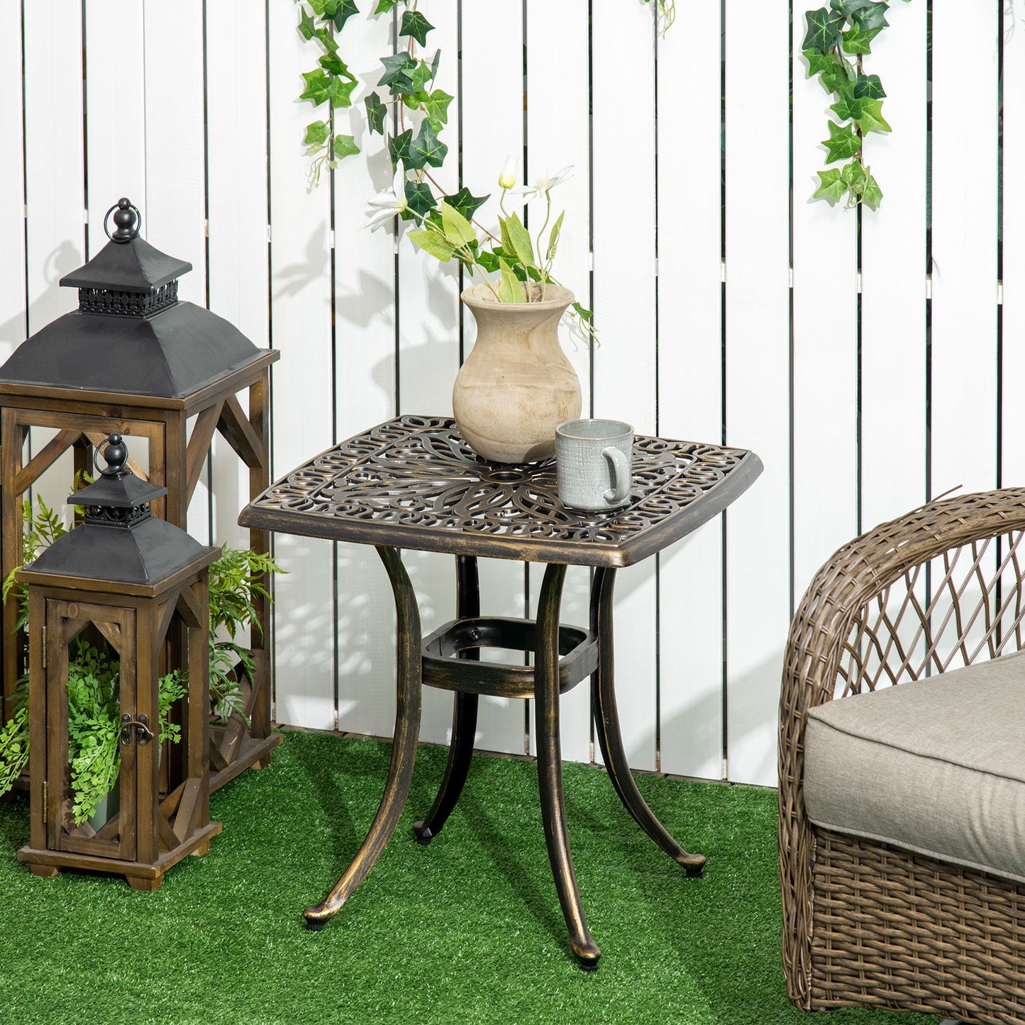 Aluminium Outdoor Side Table with Umbrella Hole, 21" Square Patio Coffee Table End Table, Bronze
