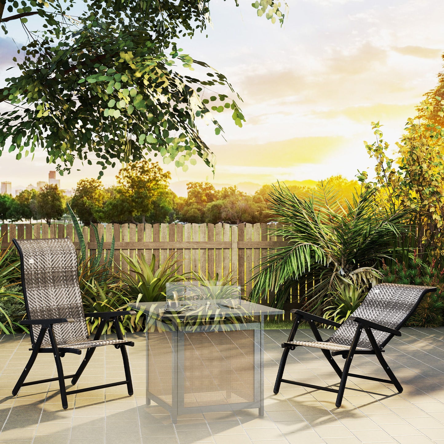 2PCs Outdoor Wicker Folding Chairs with Adjustable Backrest, Mixed Grey