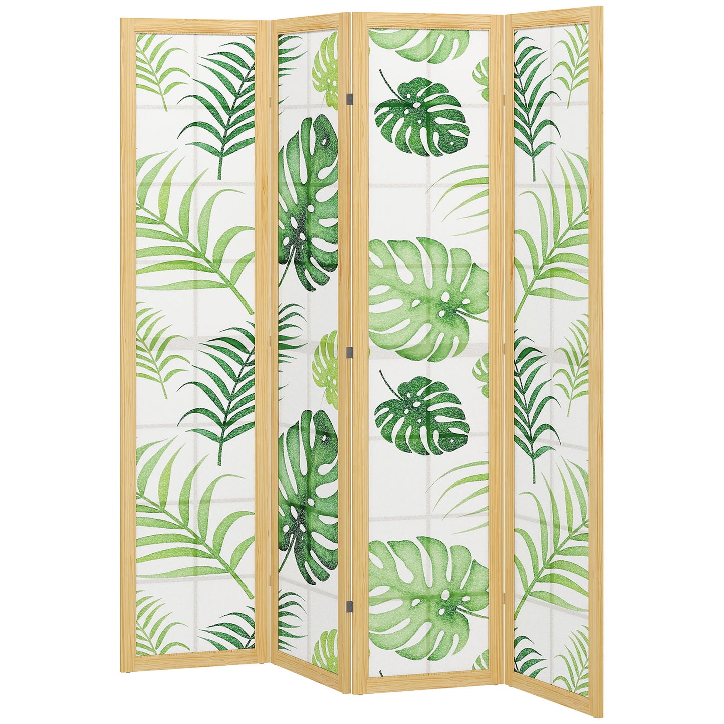 4 Panel Folding Privacy Screen, 67" Room Divider with Palm Leaf Design for Living Room Bedroom, Natural and Green