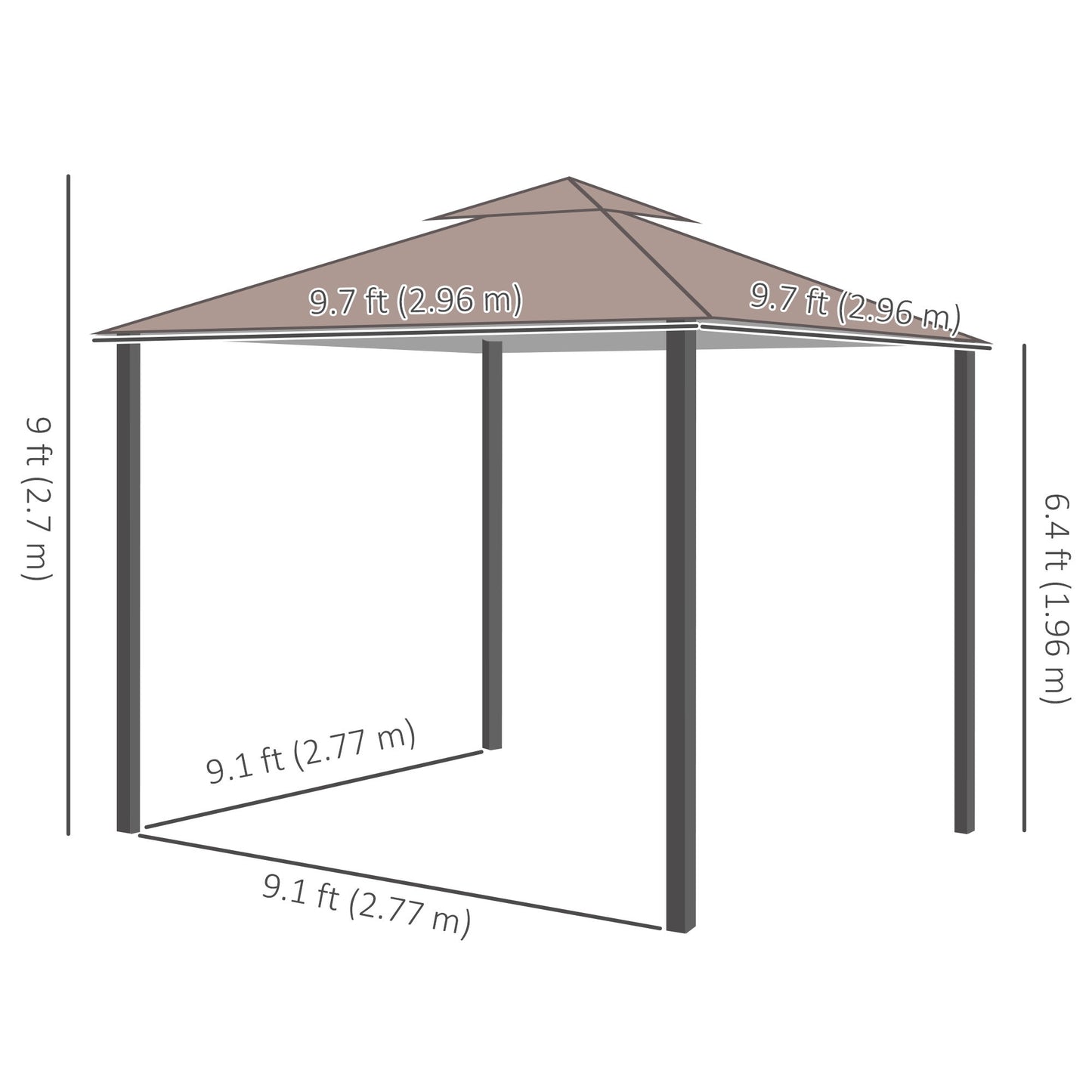 10' x 10' Outdoor Patio Gazebo Double Soft-top Garden Shelter Tent with Curtains, & Mesh Screen Drapes, Brown