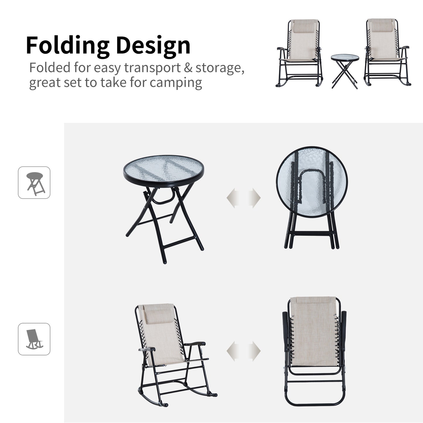 3pc Patio Rocking Chair Set, Folding Outdoor Rocking Chairs and Table Bistro Set w/ Breathable Mesh Seat & Backrest, Headrest for Park, Backyard, Garden, Grey