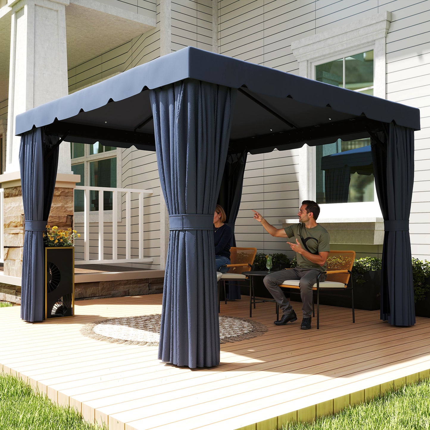 10' x 10' Outdoor Patio Gazebo Double Soft-top Garden Shelter Tent with Curtains, Mesh Screen Drapes, Dark Blue