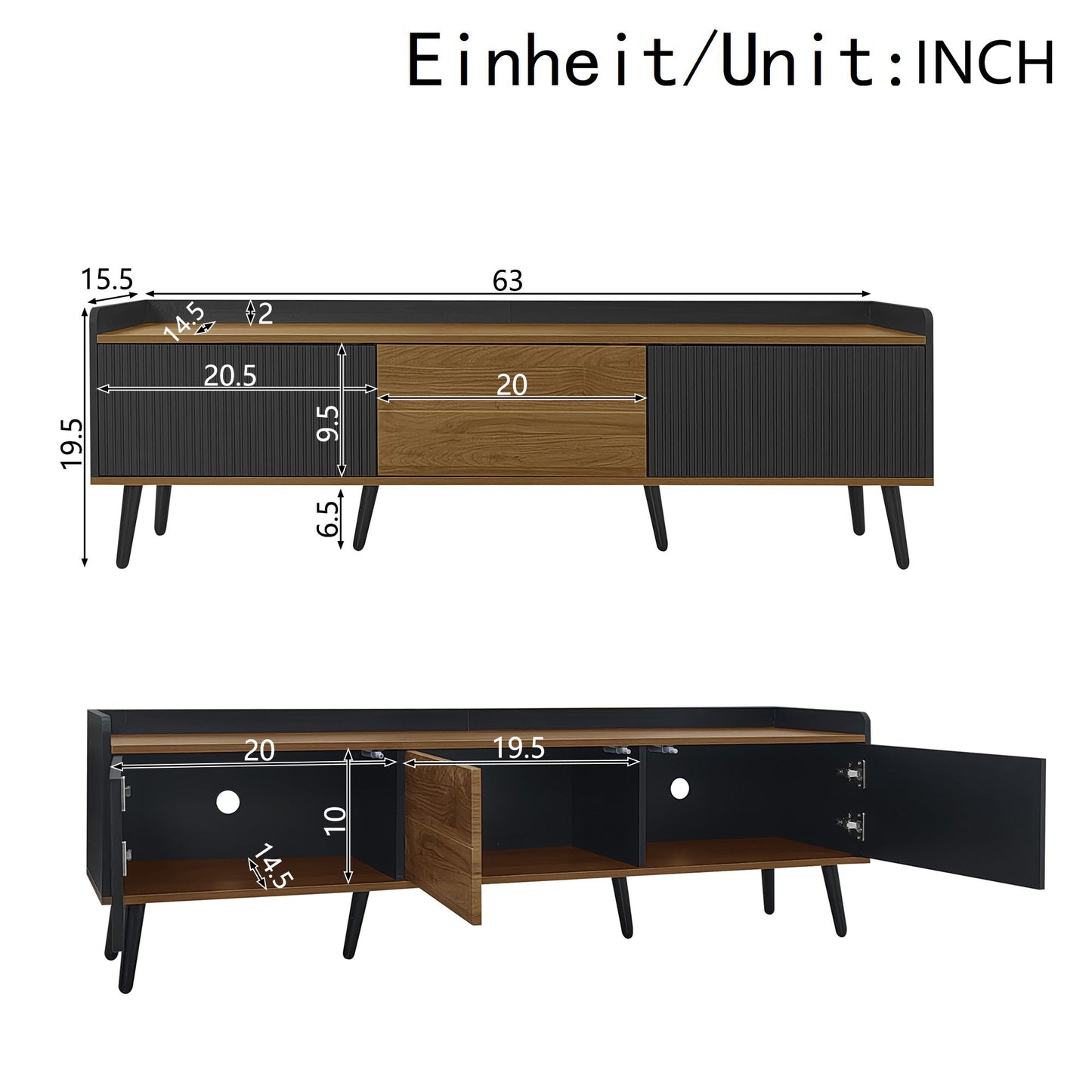 TV Stand with Three Doors, Raised Edge for Safety, Sturdy Wooden Legs, Modern Design, Easy to Install, 63" L x 15.5" W x 19.5" H, Black+Natural