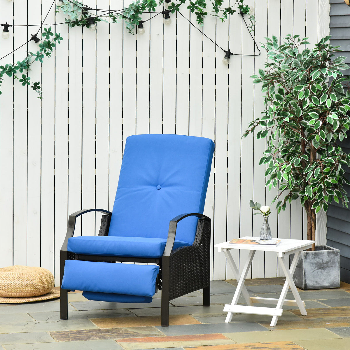 Outdoor Rattan Recliner Chair, Wicker Reclining Chair with Adjustable Back Retractable Footrest Cushion Blue