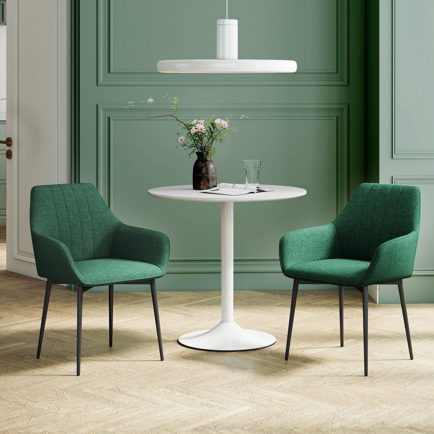 Set of 2 Upholstered Linen Dining Chairs - Dark Green