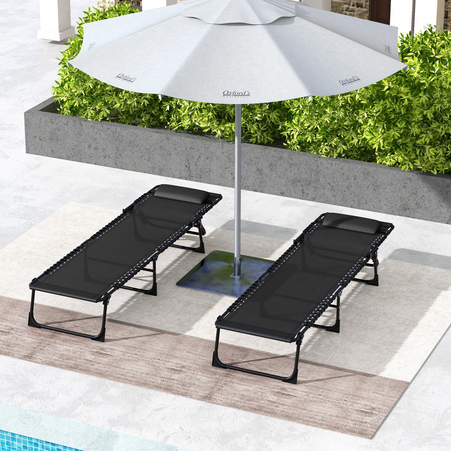 2pcs Folding Lounge Chair, Adjustable Chaise Lounge with Headrest, Reclining Lounger Cot for Camping, Black