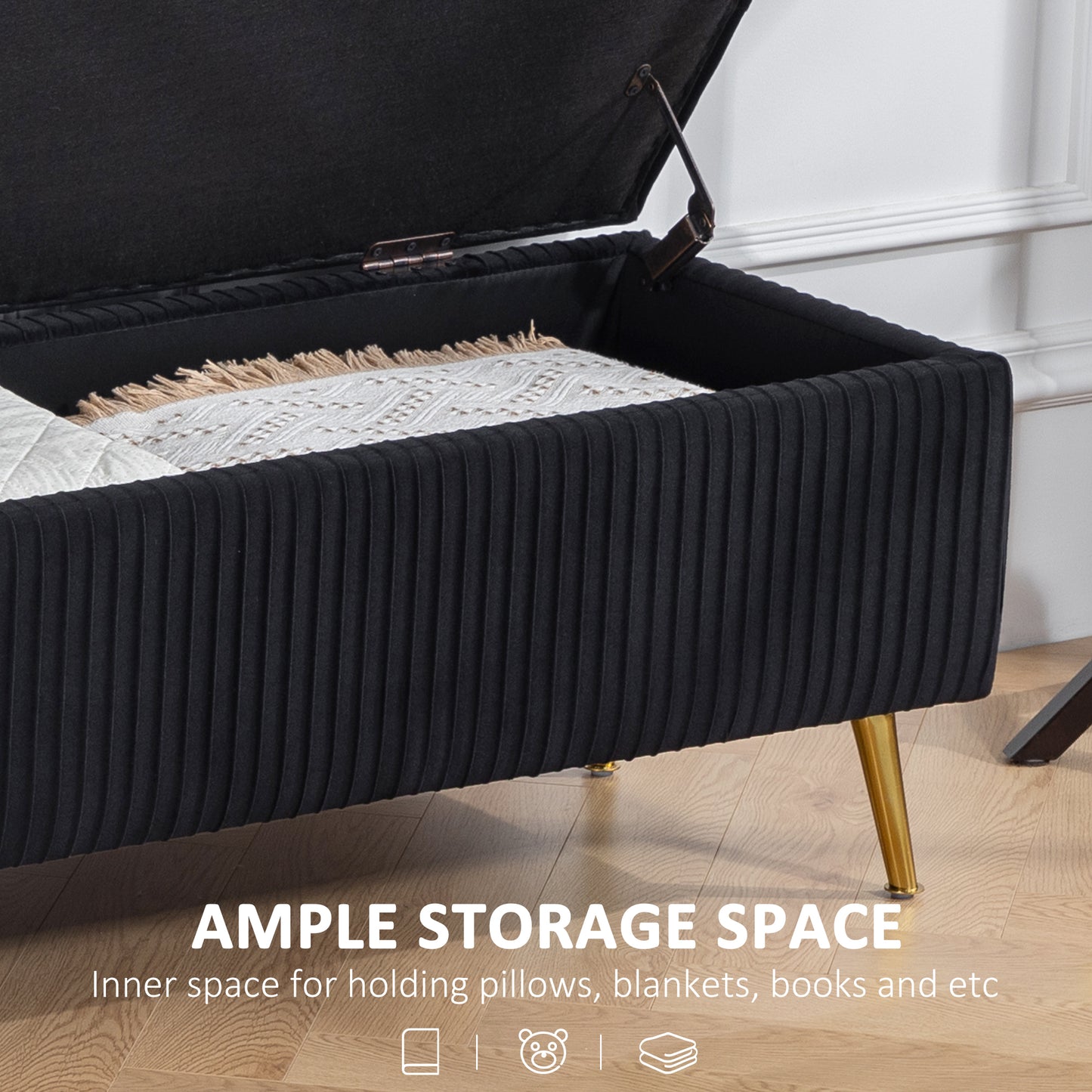 Storage Ottoman Bench, 43 Inch Large Storage Chest with Steel Legs and Padded Seat, Foot Rest, Load 485 lbs, Black