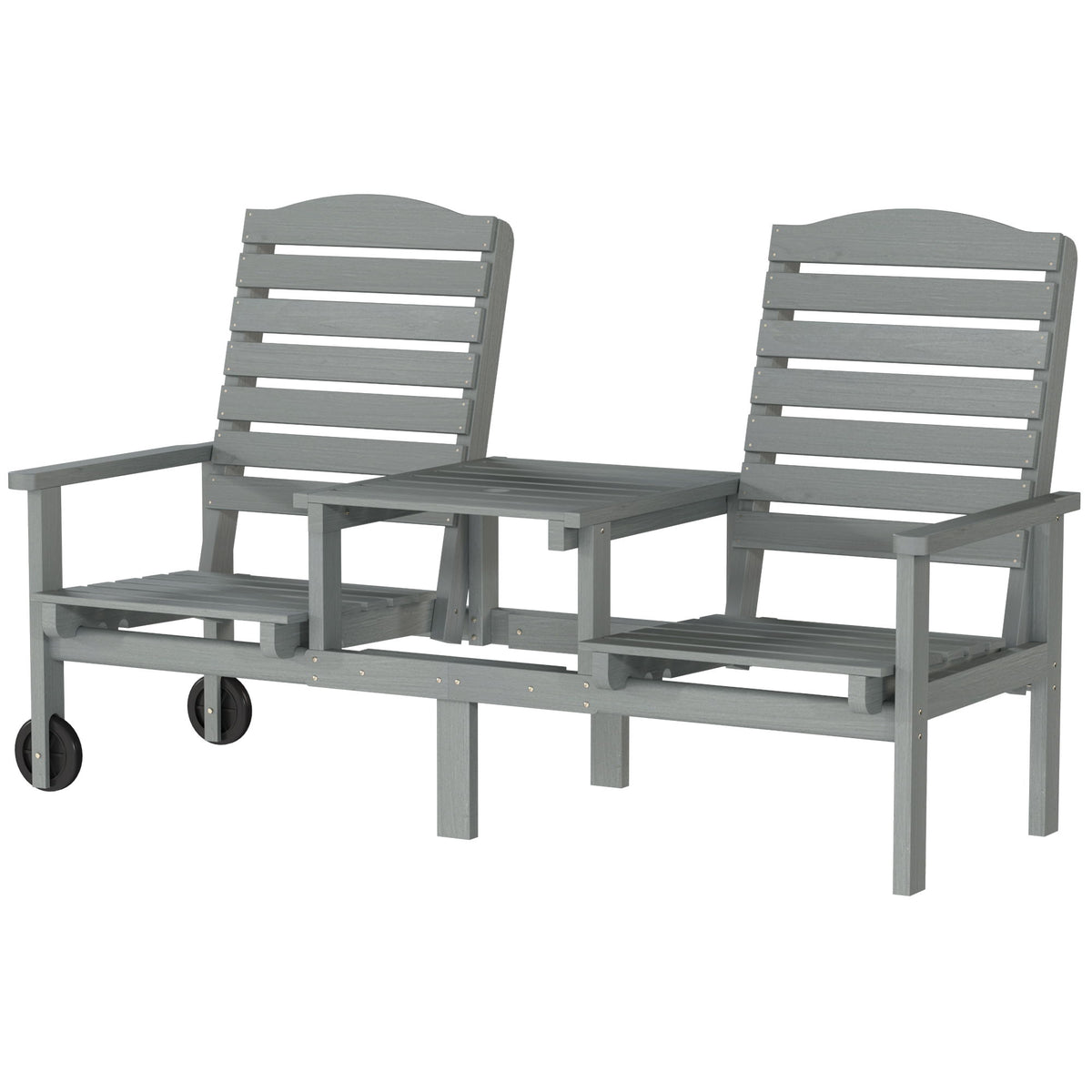 Outdoor Bench with Wheels and 3-Position Adjustable High Back, 2 Seater Outdoor Loveseat with Umbrella Hole, Grey