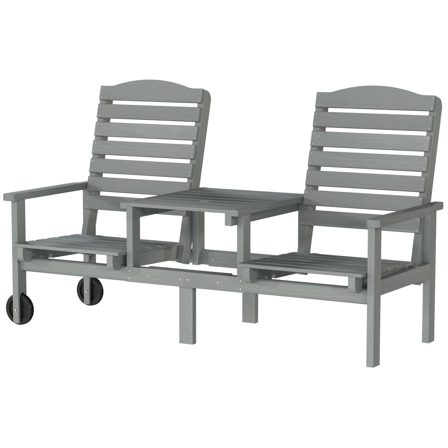 Outdoor Bench with Wheels and 3-Position Adjustable High Back, 2 Seater Outdoor Loveseat with Umbrella Hole, Grey