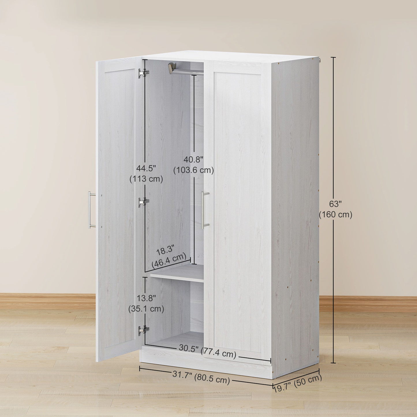 Wardrobe Cabinet with 2 Doors and Hanging Rod, Modern Armoire Wardrobe Closet for Bedroom, White Wood Effect