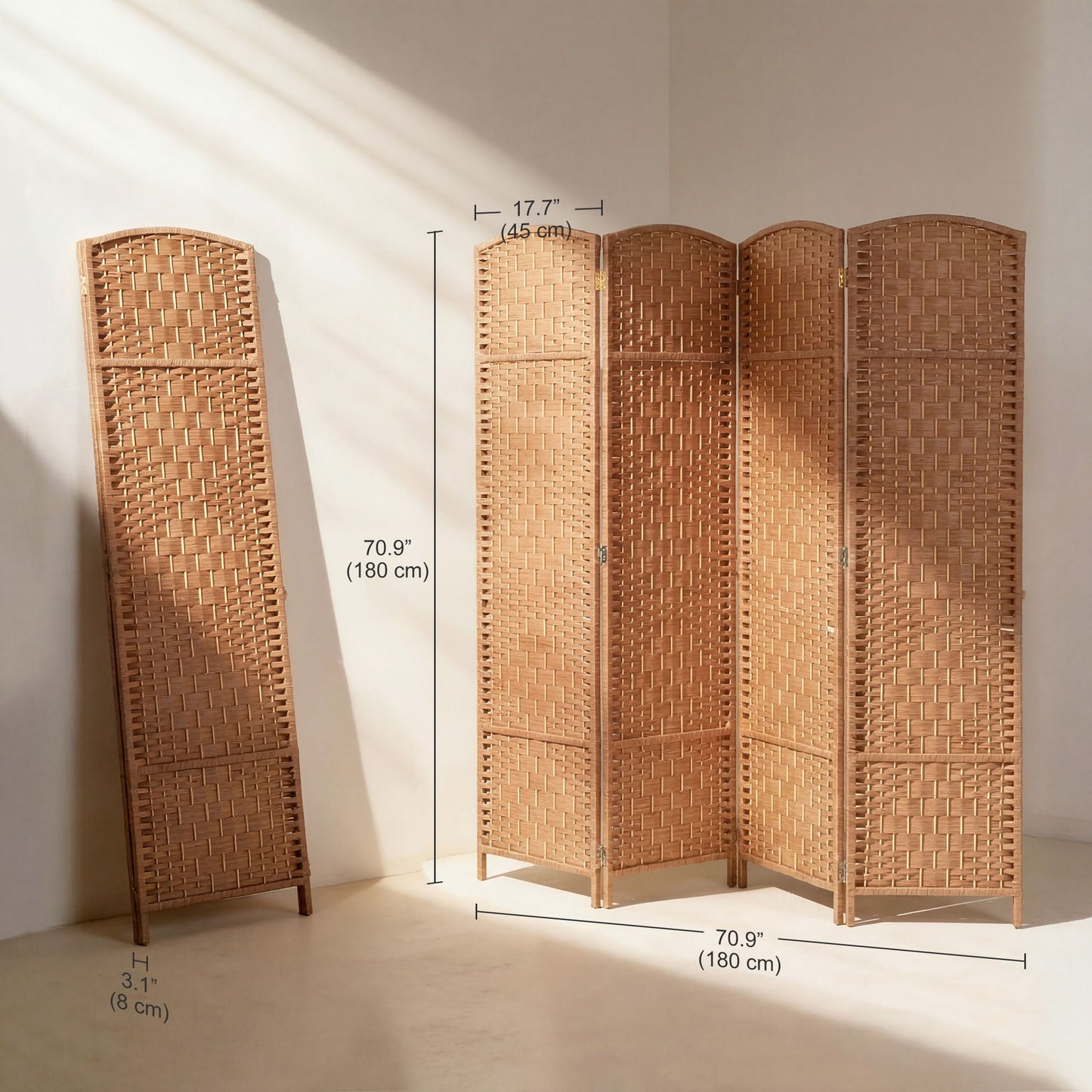 6ft Folding Room Divider, 4 Panel Wall Partition with Wooden Frame for Bedroom, Home Office, Natural