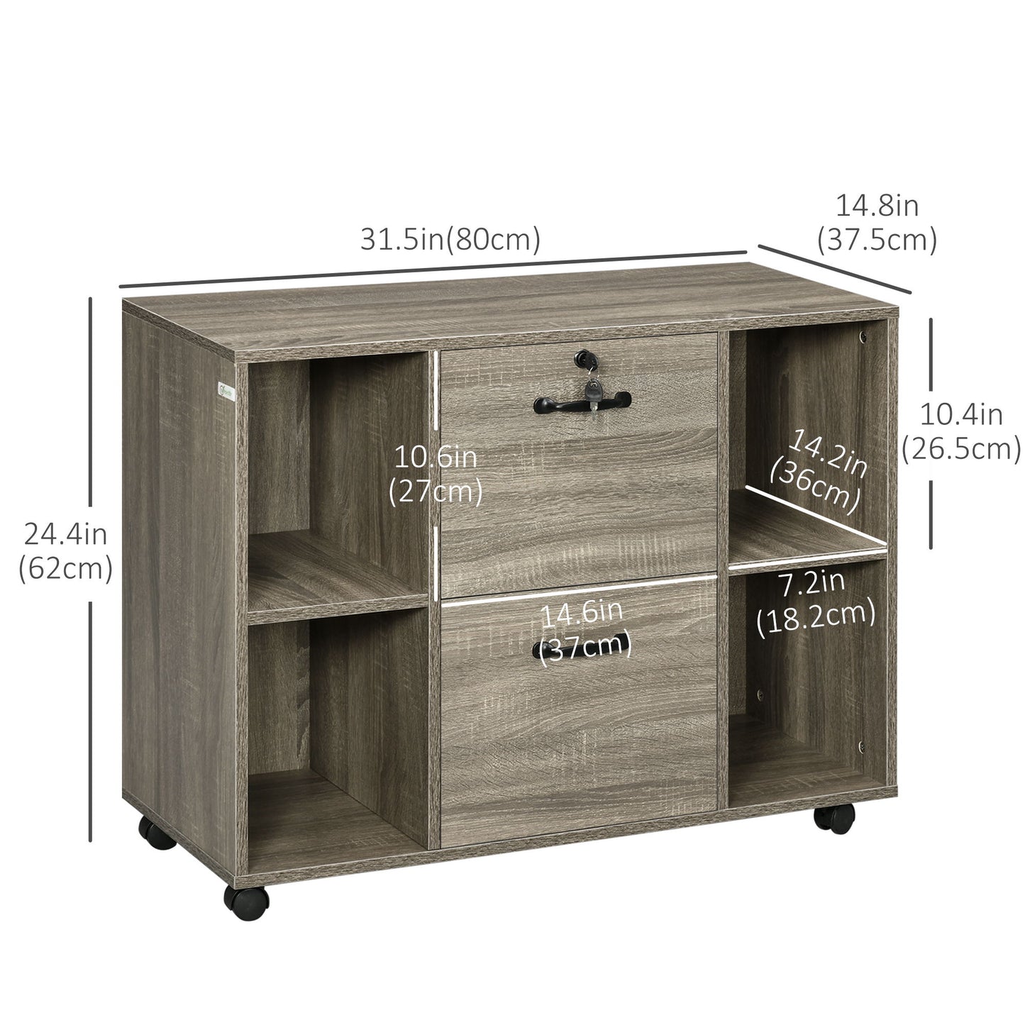 Lateral Filing Cabinet with Wheels and Lockable Drawer, File Cabinet, Mobile Printer Stand with Open Shelves for Letter and A4 Size Documents for Home Office, Grey