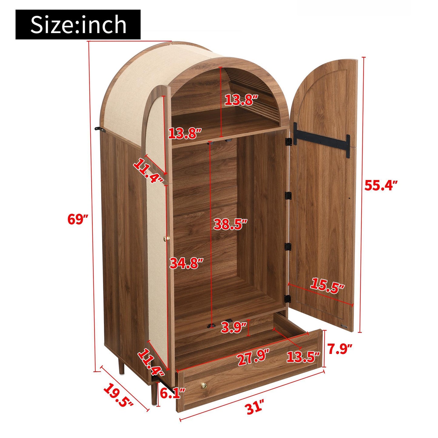 Elegant Wardrobe with Fabric Doors and Drawer, Solid Wooden Legs, Modern Clothes Cabinet with Wide Rail, 31'' L x 19.5'' W x 69'' H, Walnut