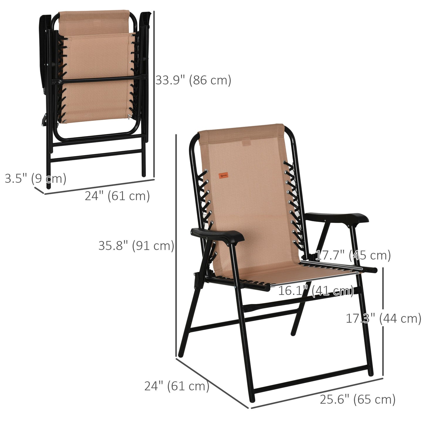 Outdoor Folding Chair, Bungee Sling Foldable Patio Dining Chair with Armrests, Folding Lawn Chair for Camping, Garden, Pool, Beach, Backyard, Beige
